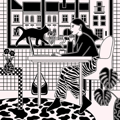 One of Eva's monochromatic illustrations showing a person looking out of the window while a cat looks on.