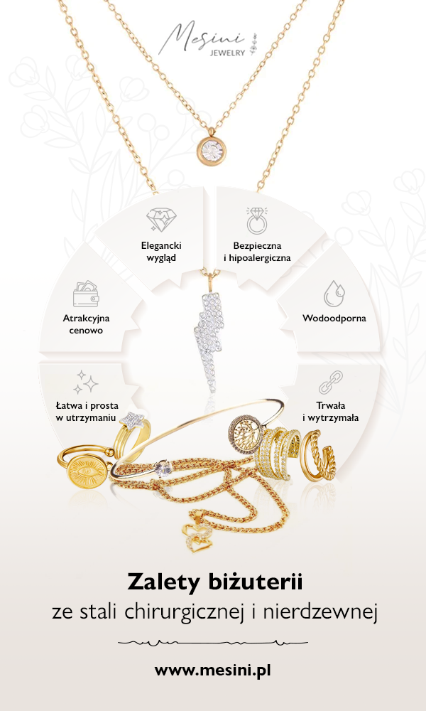 Zalety biżuterii ze stali chirurgicznej i nierdzewnej infografika Mesini