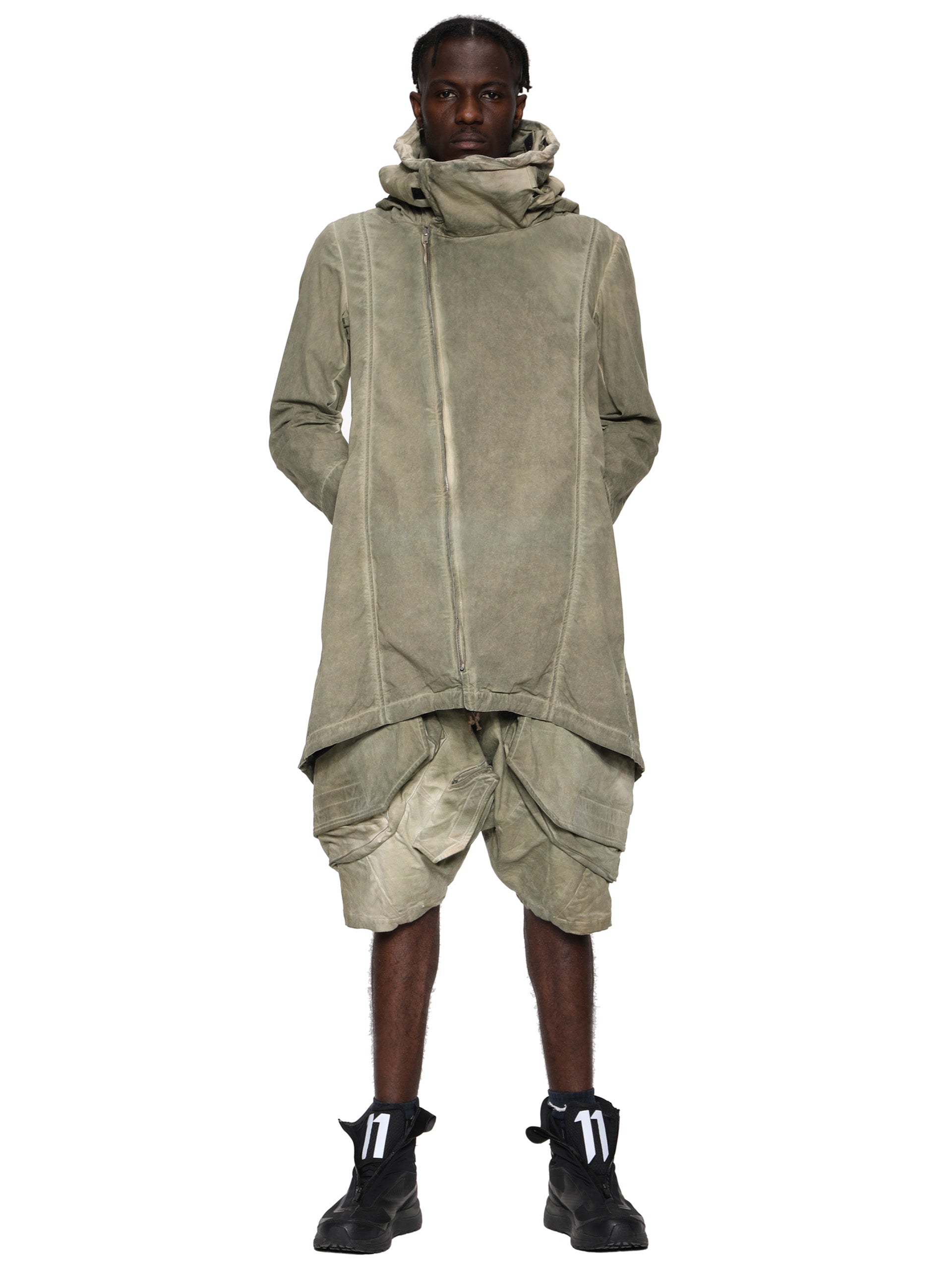 MOSS GREEN DYED STRUCTURAL WIRE LONG REVERSIBLE HOODED PARKA – HAMCUS