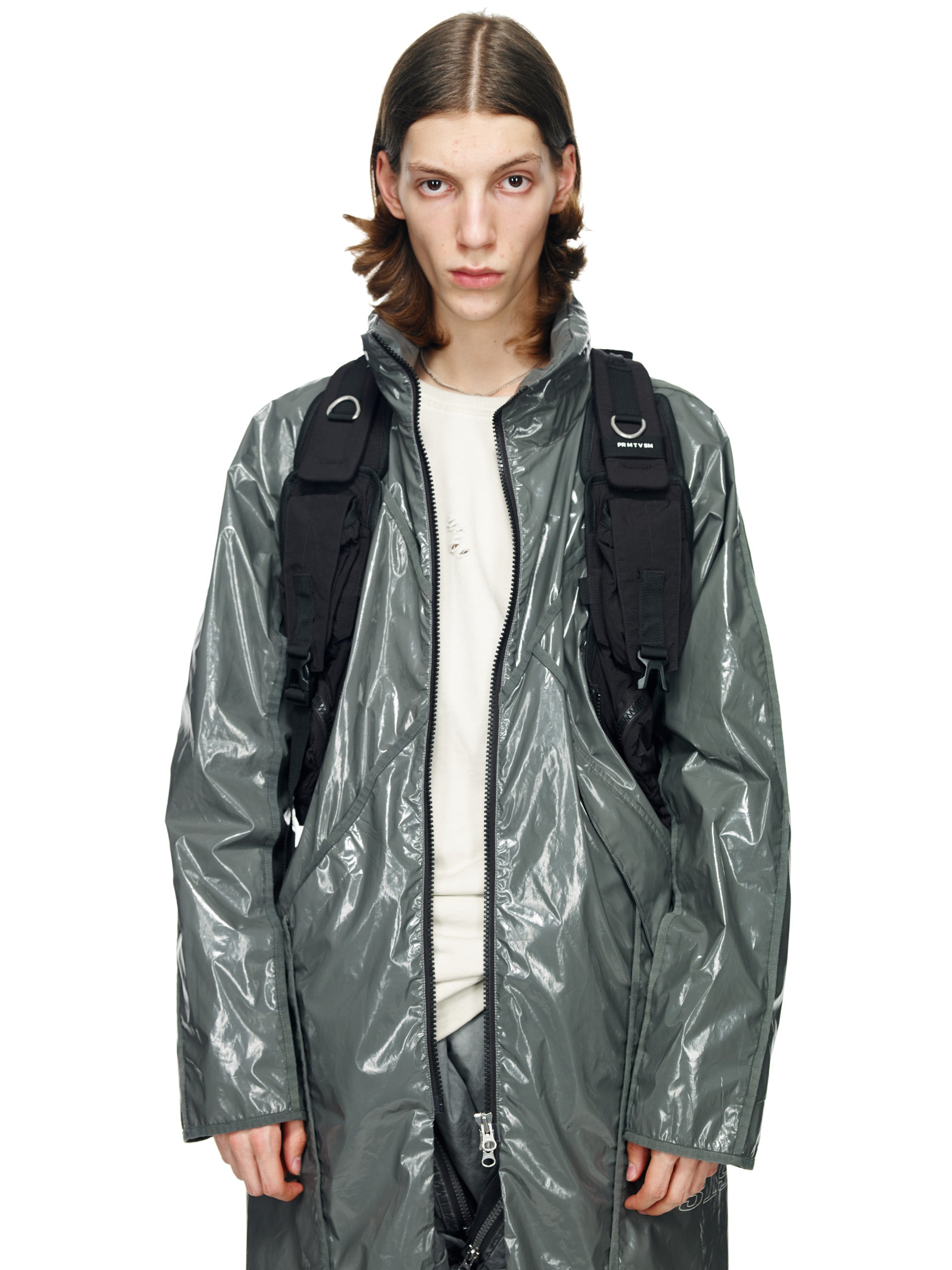 PRINTED GEO ASYMMETRY LINE GLOSSY RAINCOAT – HAMCUS