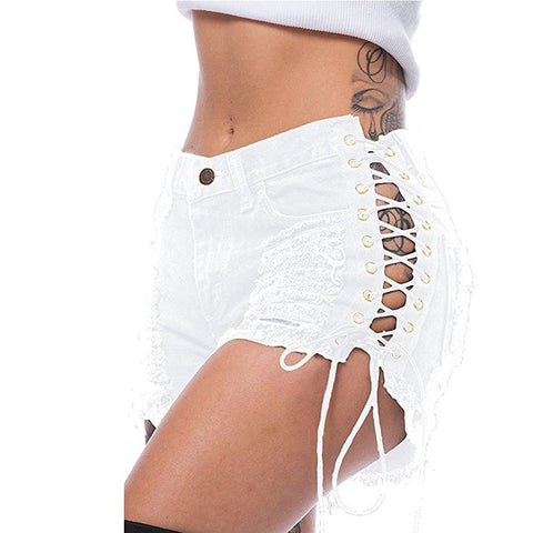 Women Hole Side Corns Bandage Denim Shorts