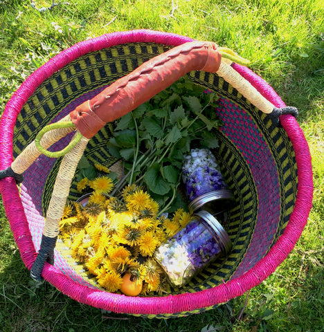 Spring foraging: dandelions, violets, and garlic mustard. 