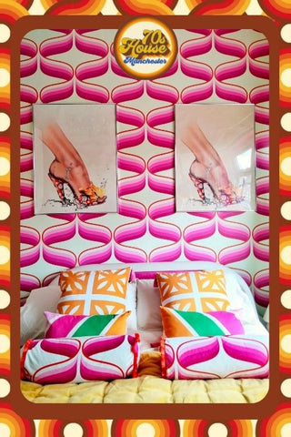 70s House Manchester 70s Vintage retro style location home for filming, TV, Photography, orange, retro wallpaper, hippie, space age, bohemian pink swirls breeze blocks 