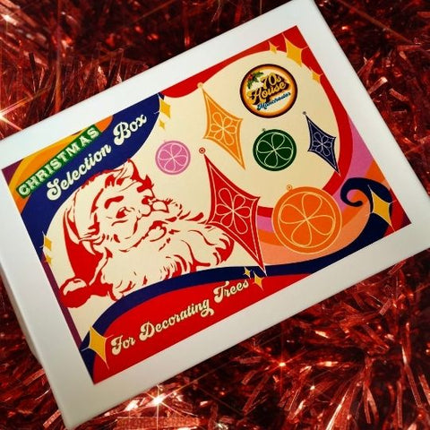 70s house manchester panaura pandora christmas decoration 1968 atomic 60s 70s pink red blue green yellow orange rare mid century vintage retro christmas selection box retro santa gift box