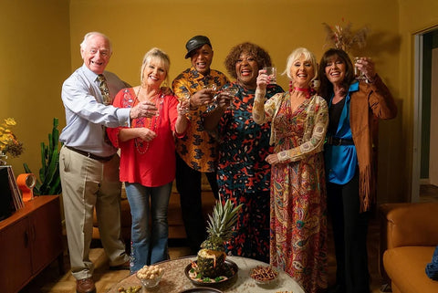 The 1970s Dinner Party Channel 5 28th December 2023  Johnny Ball, pop star Cheryl Baker, actor Vicki Michelle and musician Leee John. Debbie Mcgee, 70s House Manchester Estelle Bilson The Bidding Room Retro Food