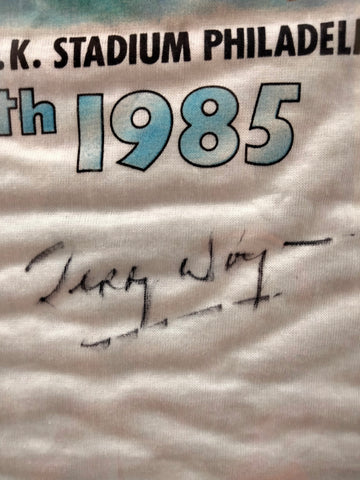 Terry Wogan signature on Live Aid T-shirt The Bidding Room BBc1 Estelle Bilson