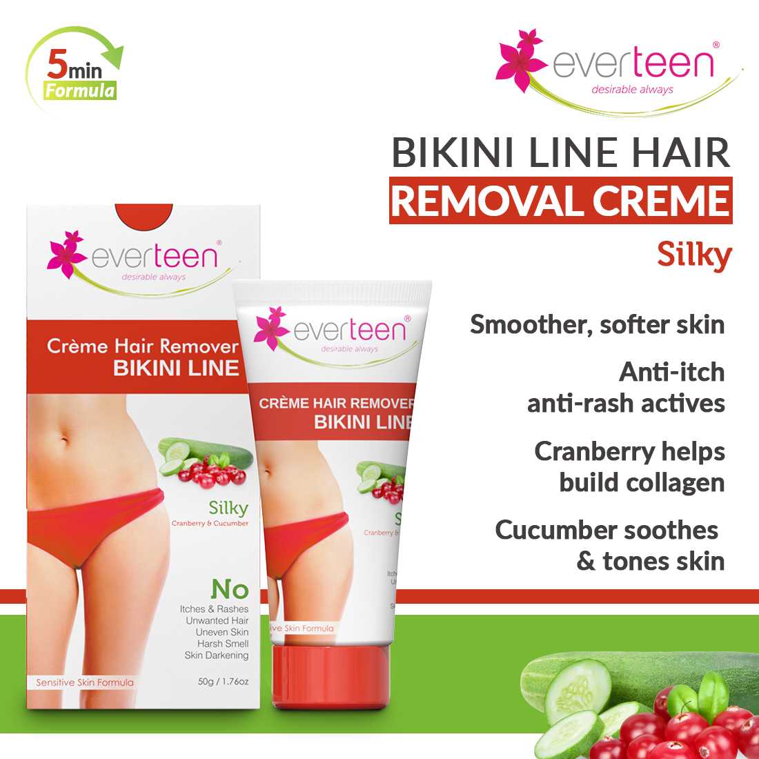 Buy everteen NATURAL Hair Removal Cream with Chamomile for Bikini Line   Underarms in Women and Girls  No Harsh Smell No Skin Darkening No Rashes   1 Pack 50 g with