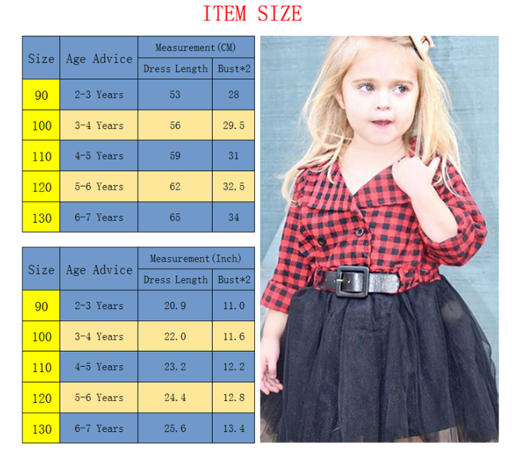 Girls Long Sleeve Plaid Tulle Patchwork Christmas Dress For 2-7T