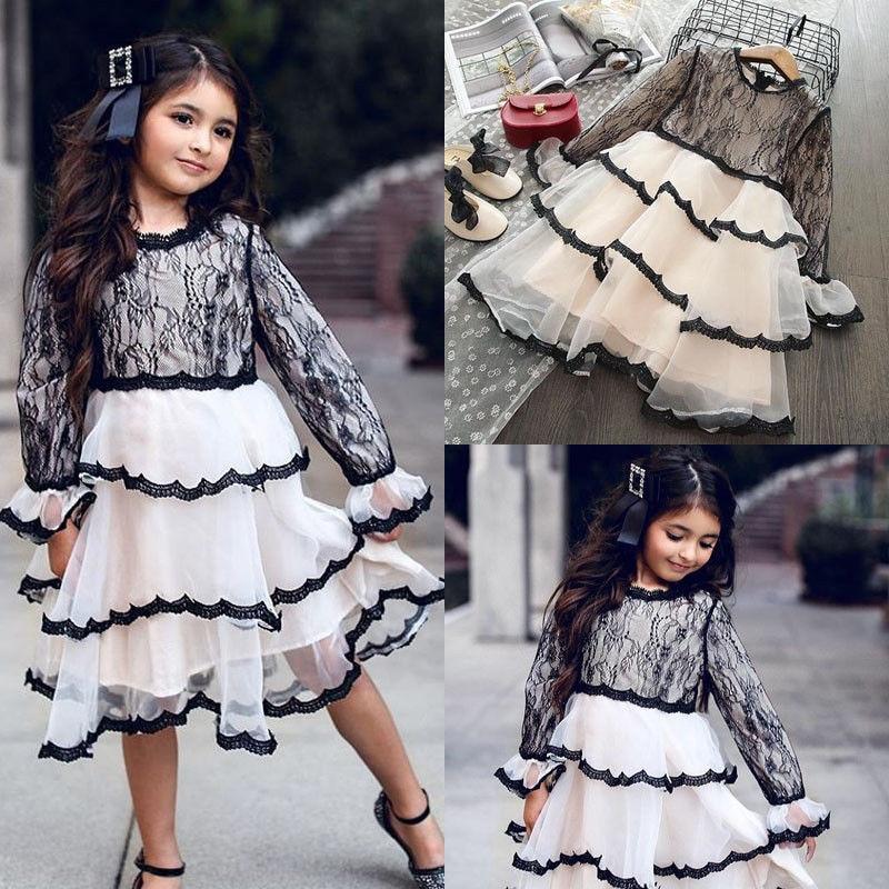 Kid Girls Party Flared Sleeve Lace Flowers Pageant Princess Dress 6M-5Y