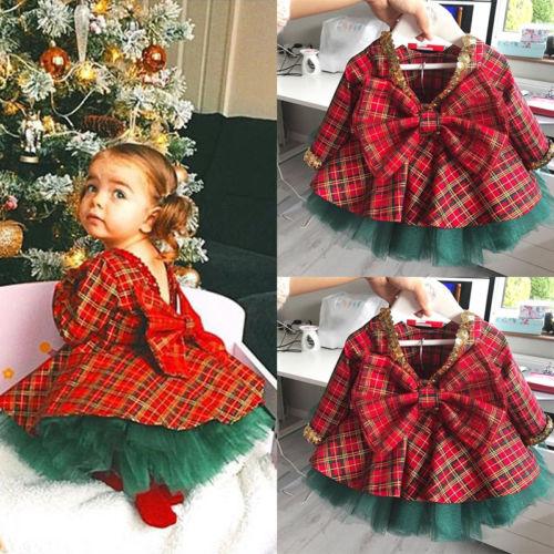 Baby-Mädchen-Party-Prinzessin-Weihnachtskariertes Kleid 2-tlg