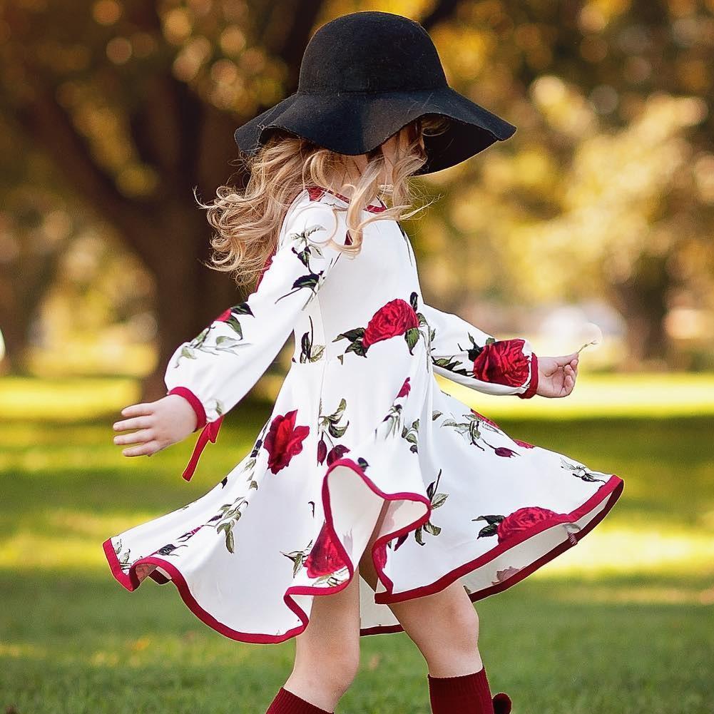 Enfants Filles Robe Floral Manches Longues Robes De Soirée