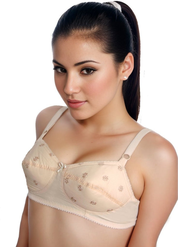 Good Quality Classic Cotton Bras for Women B Cups Non Padded Bra for Girls  Non wired Brassiere with Chikan in Beige 34 to 50 Sizes Bra Available