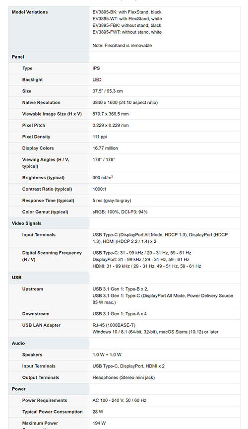 ColorMall Eizo EV3895 Specs