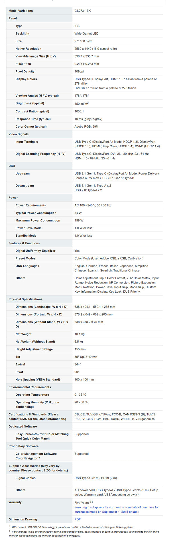 ColorMall Eizo ColorEdge CS2731-BK Monitor Specifications