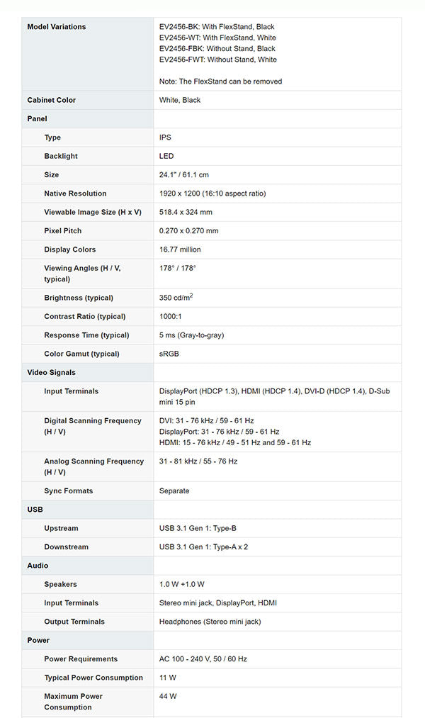 ColorMall Eizo FlexScan EV2456 Monitor Specifications