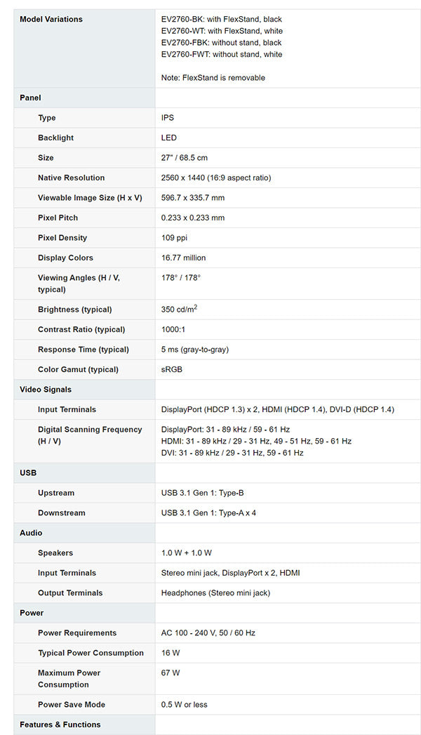 ColorMall Eizo FlexScan EV2760FX-BK 27" Monitor Specifications