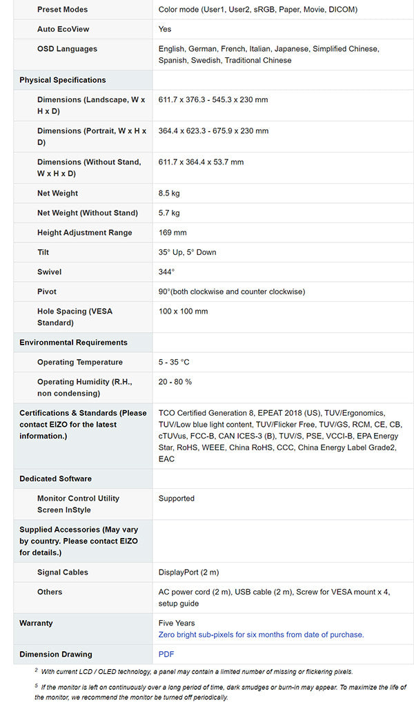 ColorMall Eizo FlexScan EV2760FX-BK 27" Monitor Specifications