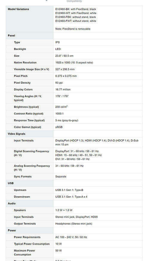 ColorMall Eizo EV2460 Specs