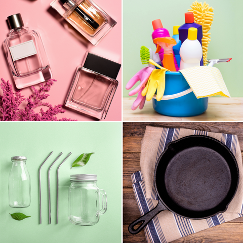 Fragrances, household cleaning products, kitchen storage containers, and cast iron pan