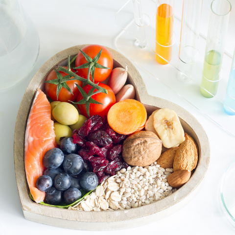 Heart-shaped plate of healthy food