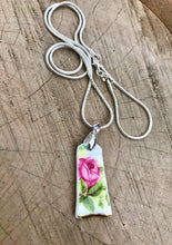 Load image into Gallery viewer, Vintage Pink rose tab  ceramic pendant on 10 inch sterling silver snake chain - Susan Goode Designs
