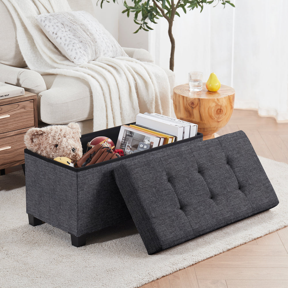 Foldable Tufted 30 Inch Linen Bench Storage Ottoman with Legs - Charcoal Gray