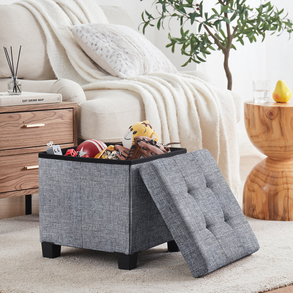 Foldable Tufted 15 Inch Square Linen Storage Ottoman with Legs - Gray