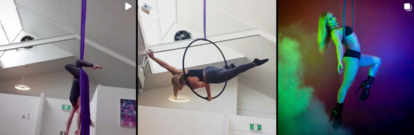 woman performs acrobatics on a lyra, or hanging hoop