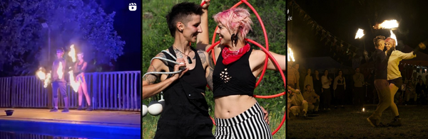 two performers hold burning hula hoops