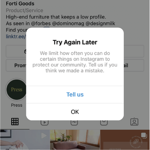 Forti Goods Instagram account with try again later message