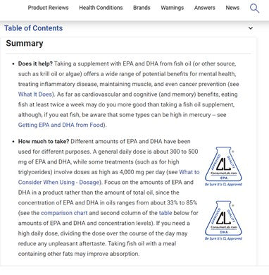 ConsumerLab.com screenshot for fish oil supplements