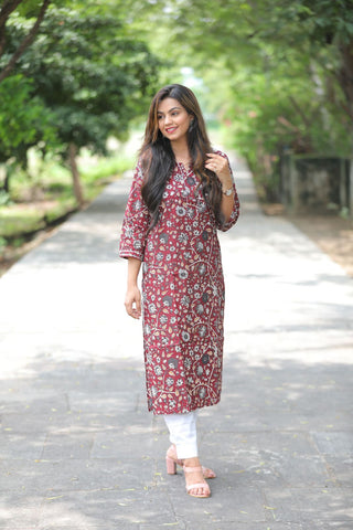 Noor Coral White Flowers Collar Style Cotton Kurti – Preppy Apparels