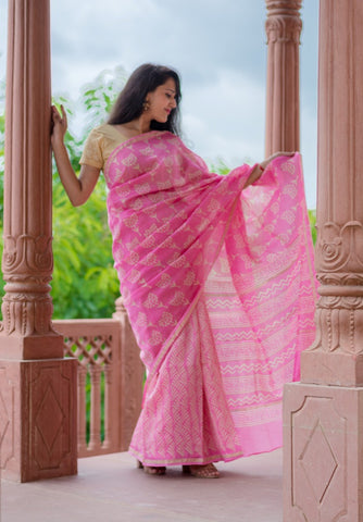 Leheria - Pink Saree with golden gota border