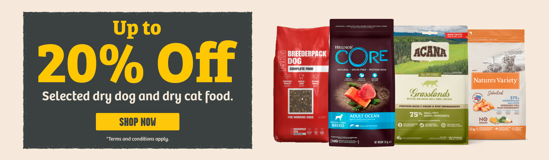 20 percent off dry dog and cat food