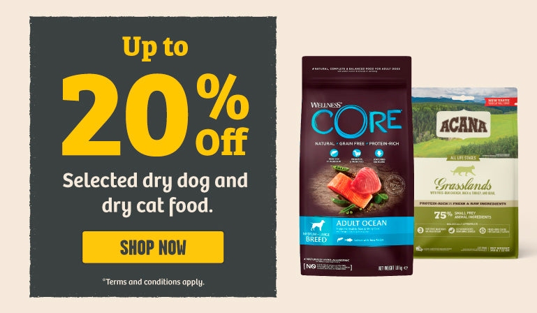 Up to 20% off selected dry dog food.