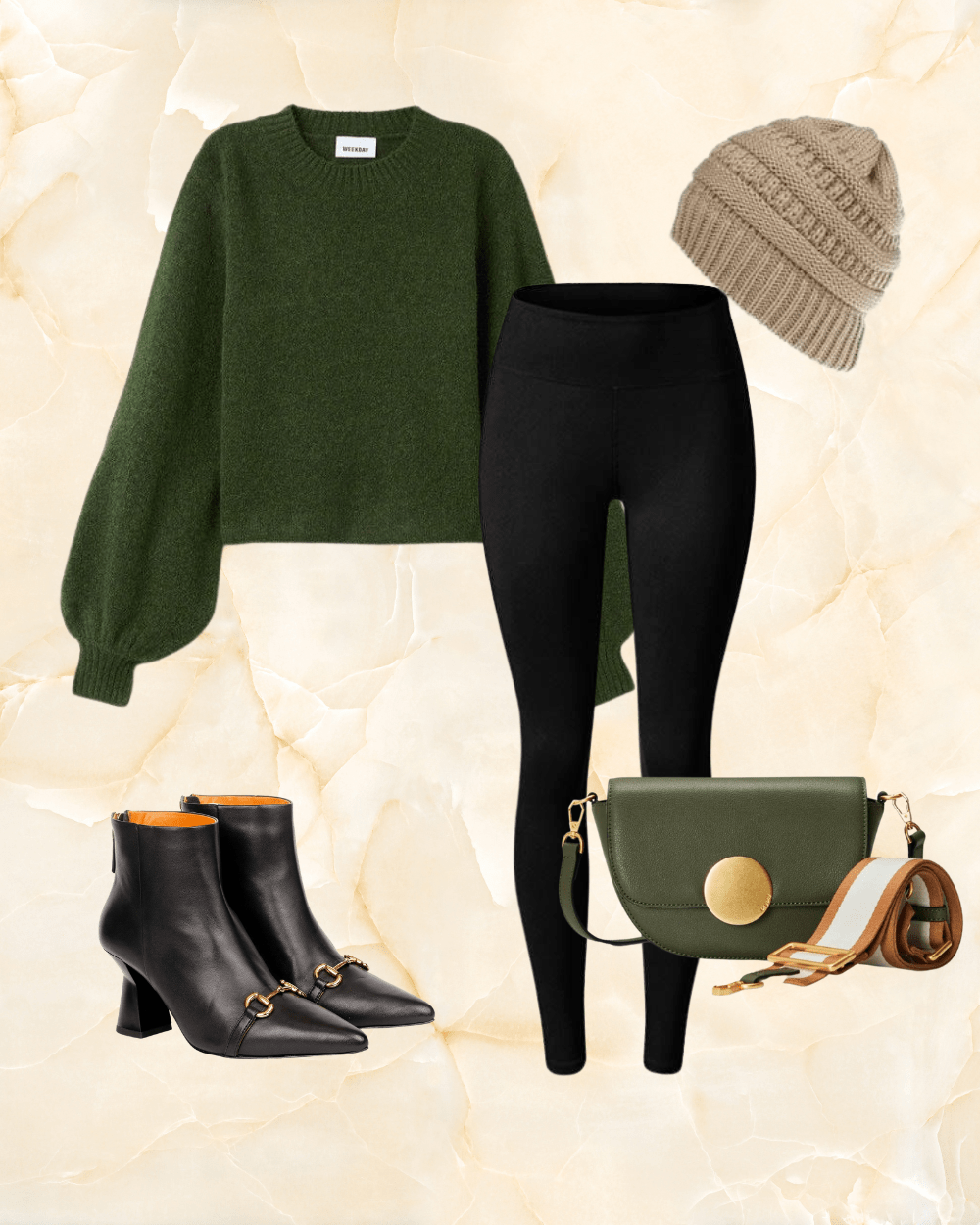 Thanksgiving outfit with Ashley Black Leather Ankle Boots and Lottie Saddle Bag Color Jade Green