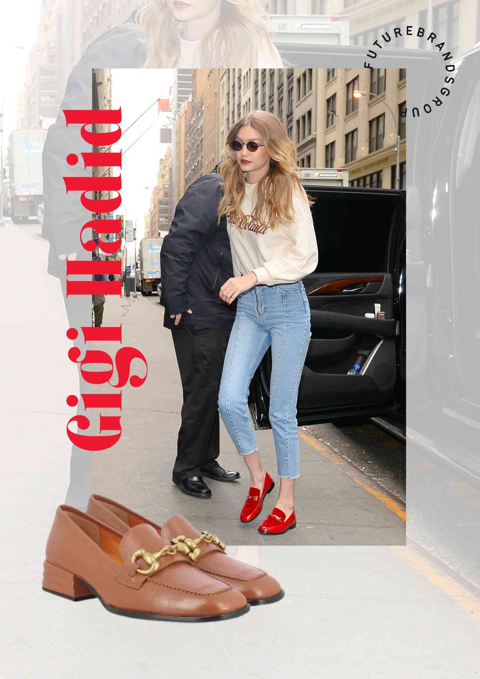 Celebrity Gigi Hadid wearing red loafers