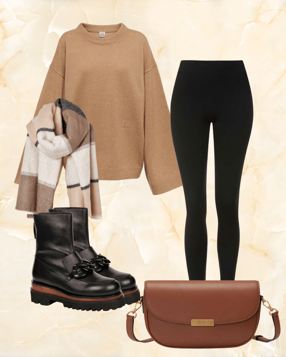 Thanksgiving outfit with Alyson Black Leather Boots and Lena Crossbody Bag in Color Tan