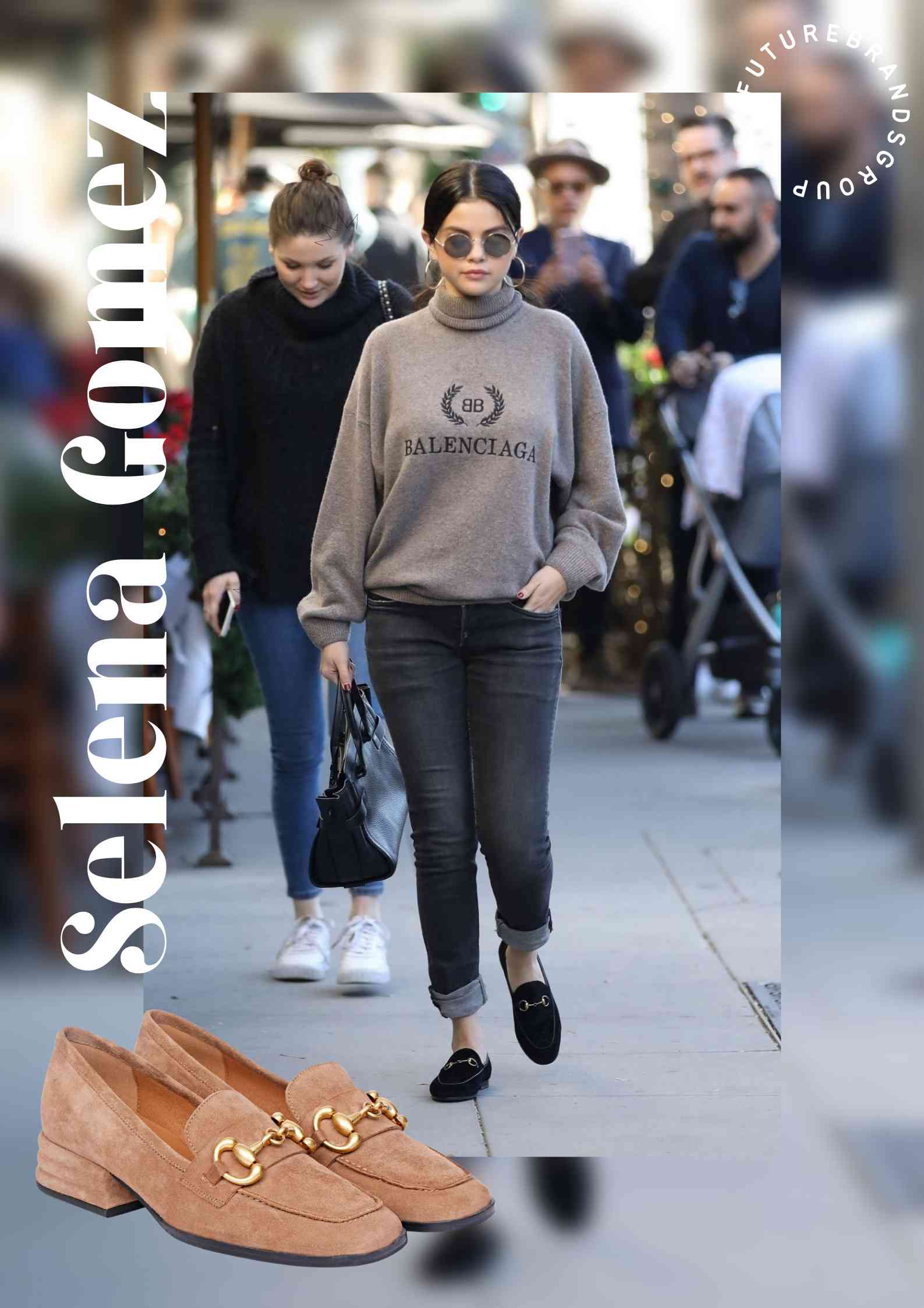 Celebrity Selena Gomez wearing black suede loafers