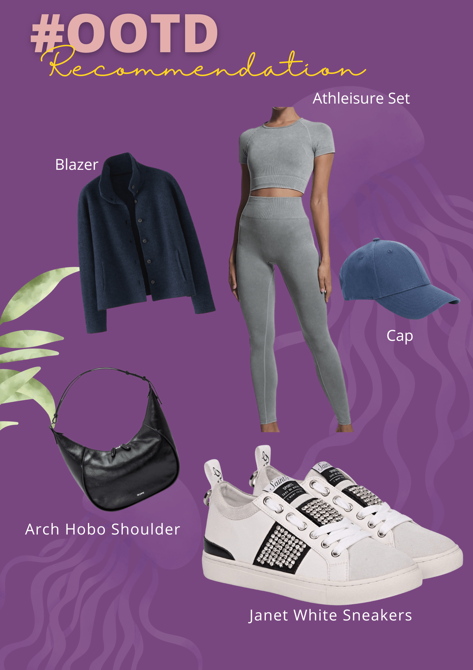 Janet White Sneakers by Saint G and Arch Hobo Shoulder by Oryany with Blazer and Athleisure Set