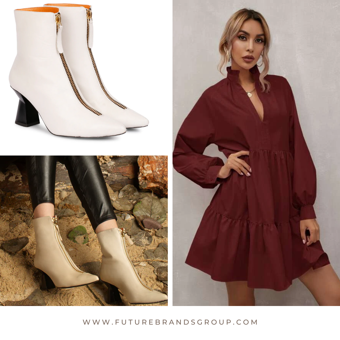 Rose Off White Leather Boots from Saint G Plus Smock Mini Dress
