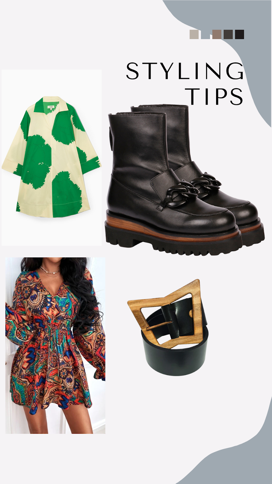 Alyson Black Leather Boots from Saint G and Bryce Belt Black from Wood Belt Plus Colored Printed Dress