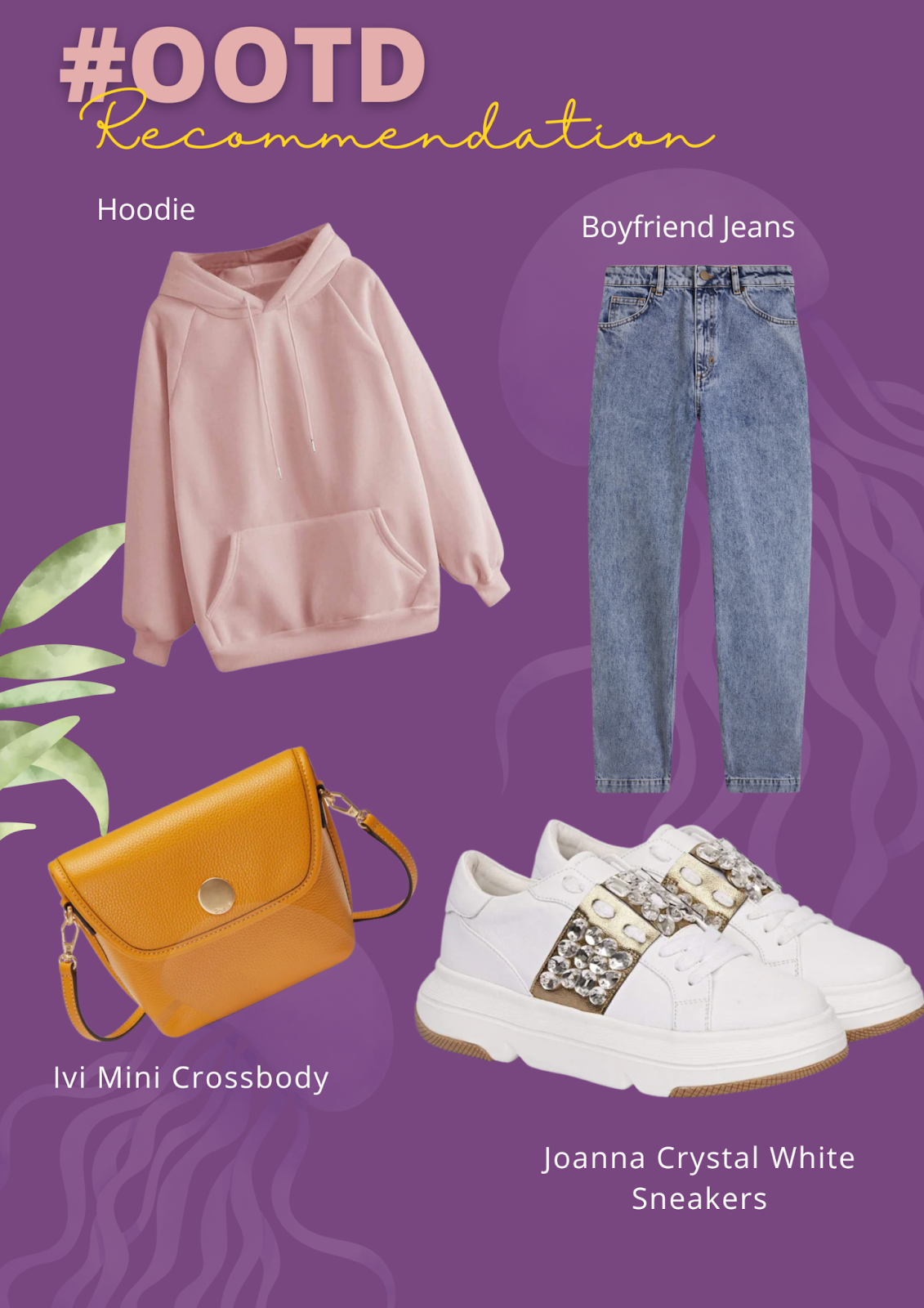 Joanna Crystal White Sneakers from Saint G + Hoodie + Boyfriend Jeans and Ivi Mini Crossbody by Oryany