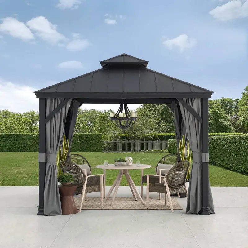 Sunjoy 10x10 Hardtop Gazebo Outdoor Patio Aluminum Frame Gazebo 2-Tier Steel Hardtop Backyard Gazebo