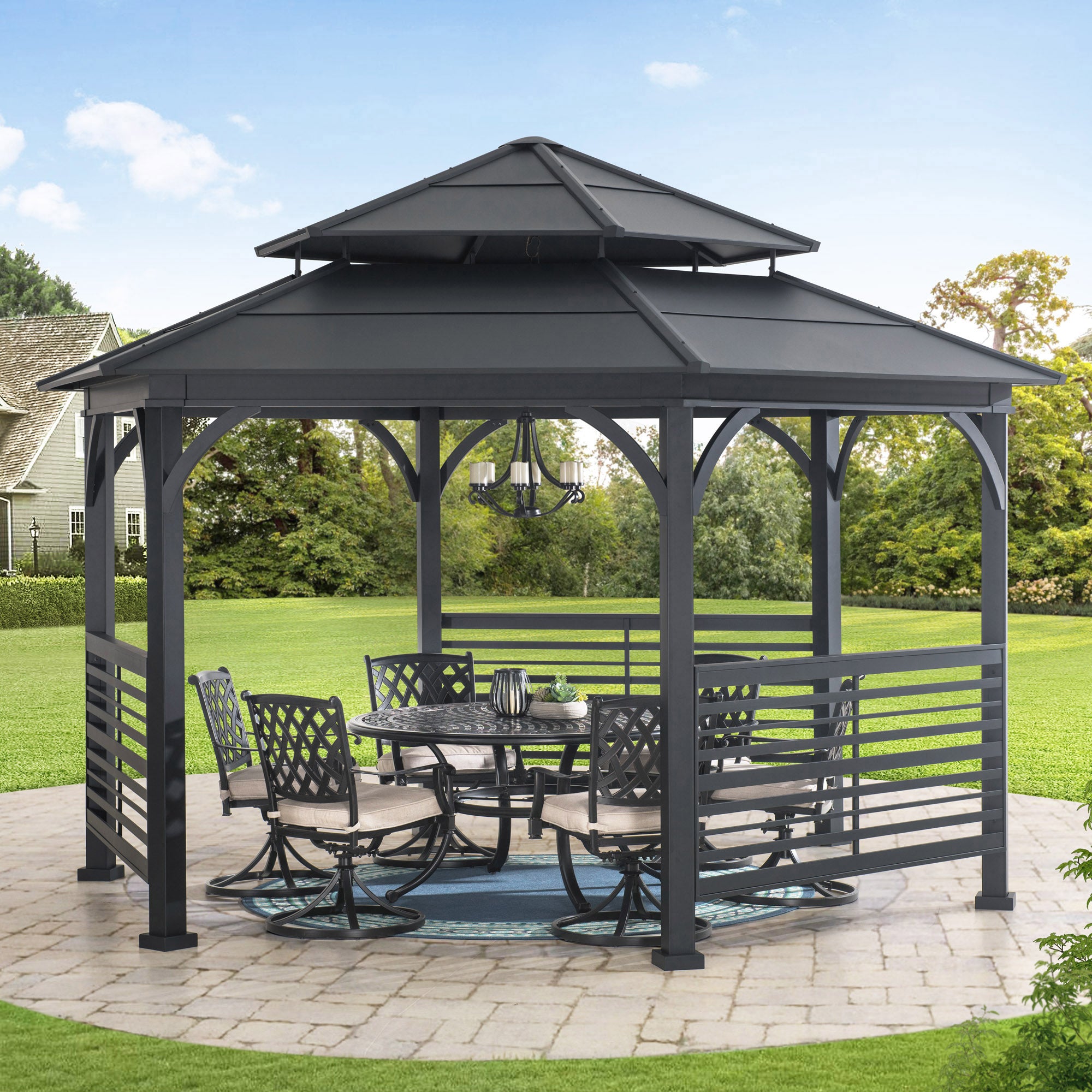 Sunjoy 15x15 ft. Outdoor Hardtop Gazebo, Hexagon Double Tiered Metal Gazebo with Decorative Fence, Dual Rails, and Ceiling Hook for Patio, Garden, Backyard Shade