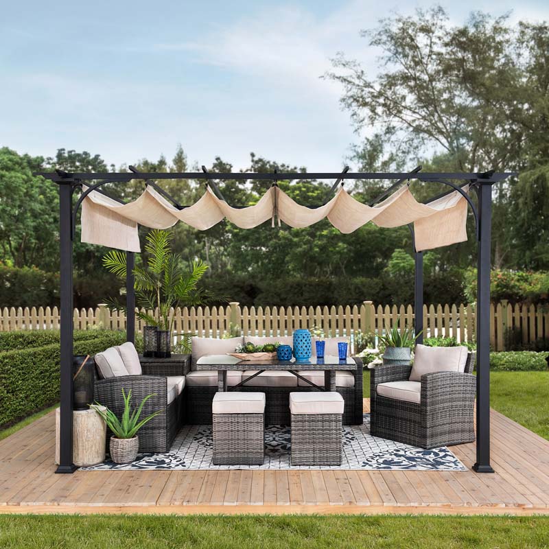 Sunjoy 9x12 Black Steel Frame Pergola Kit with Retractable Beige Canopy Shade