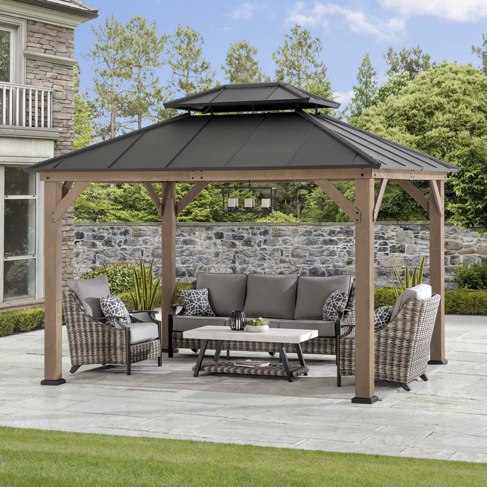 Sunjoy 10x12 ft. Wood Gazebo, Outdoor Patio Steel Hardtop Gazebo, Cedar Framed Wooden Gazebo with 2-tier Metal Roof and Ceiling Hook