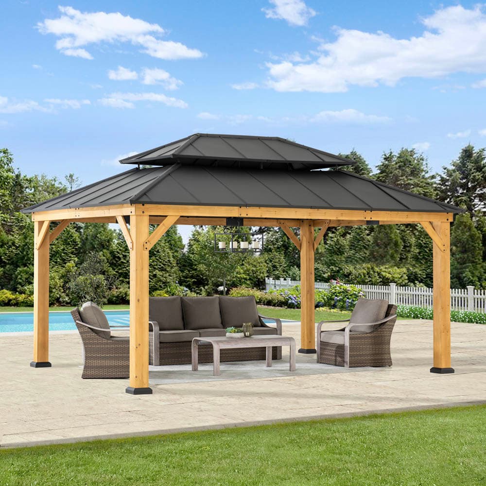 Sunjoy 12x16 ft. Wood Gazebo, Outdoor Patio Steel Hardtop Gazebo, Cedar Framed Wooden Gazebo with 2-tier Metal Roof and Ceiling Hook