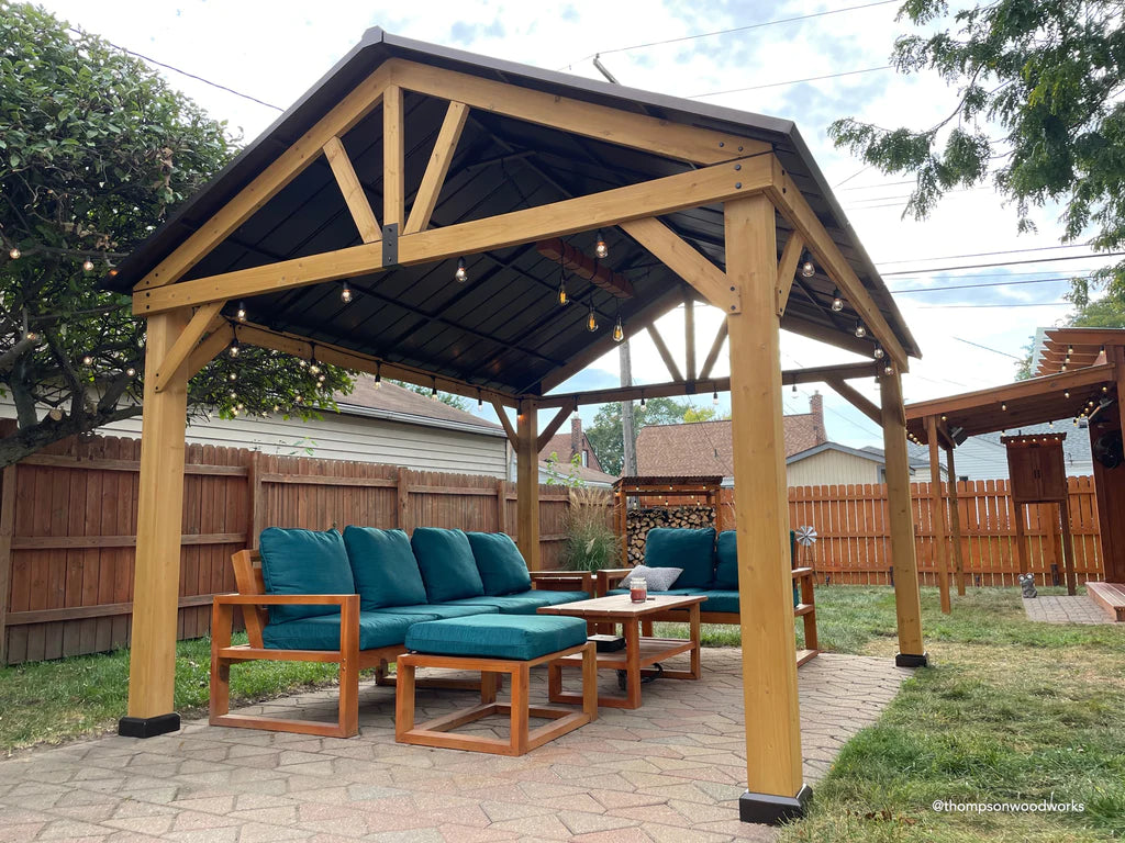Sunjoy Outdoor Wooden Frame Gable Roof Hardtop Gazebo with Ceiling Hook