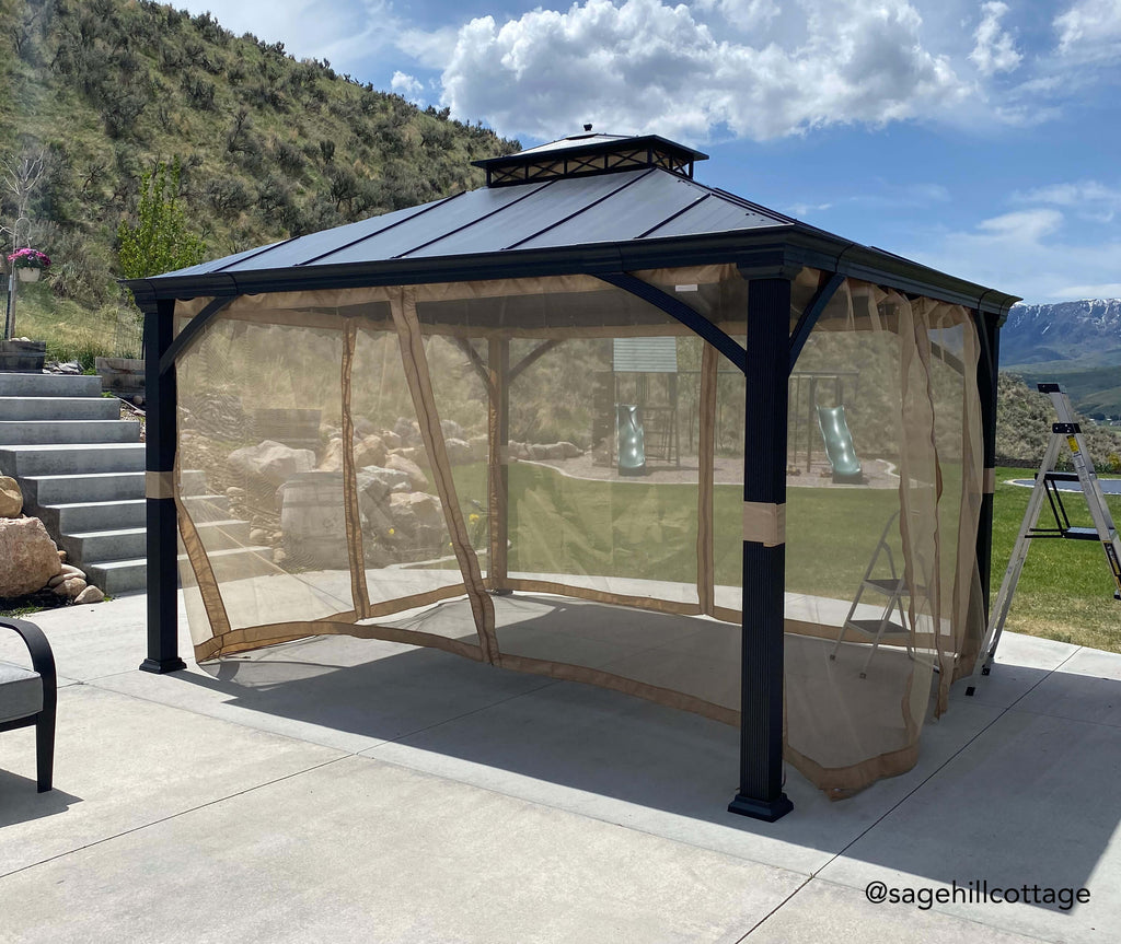 Sunjoy Outdoor Patio 11x13 Black 2-Tier Aluminum Frame Backyard Hardtop Gazebo with Metal Ceiling Hook and Netting